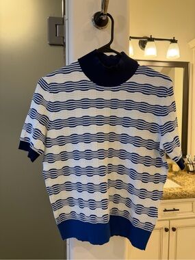 Boss Navy and White Striped Short-Sleeve Knit Shirt